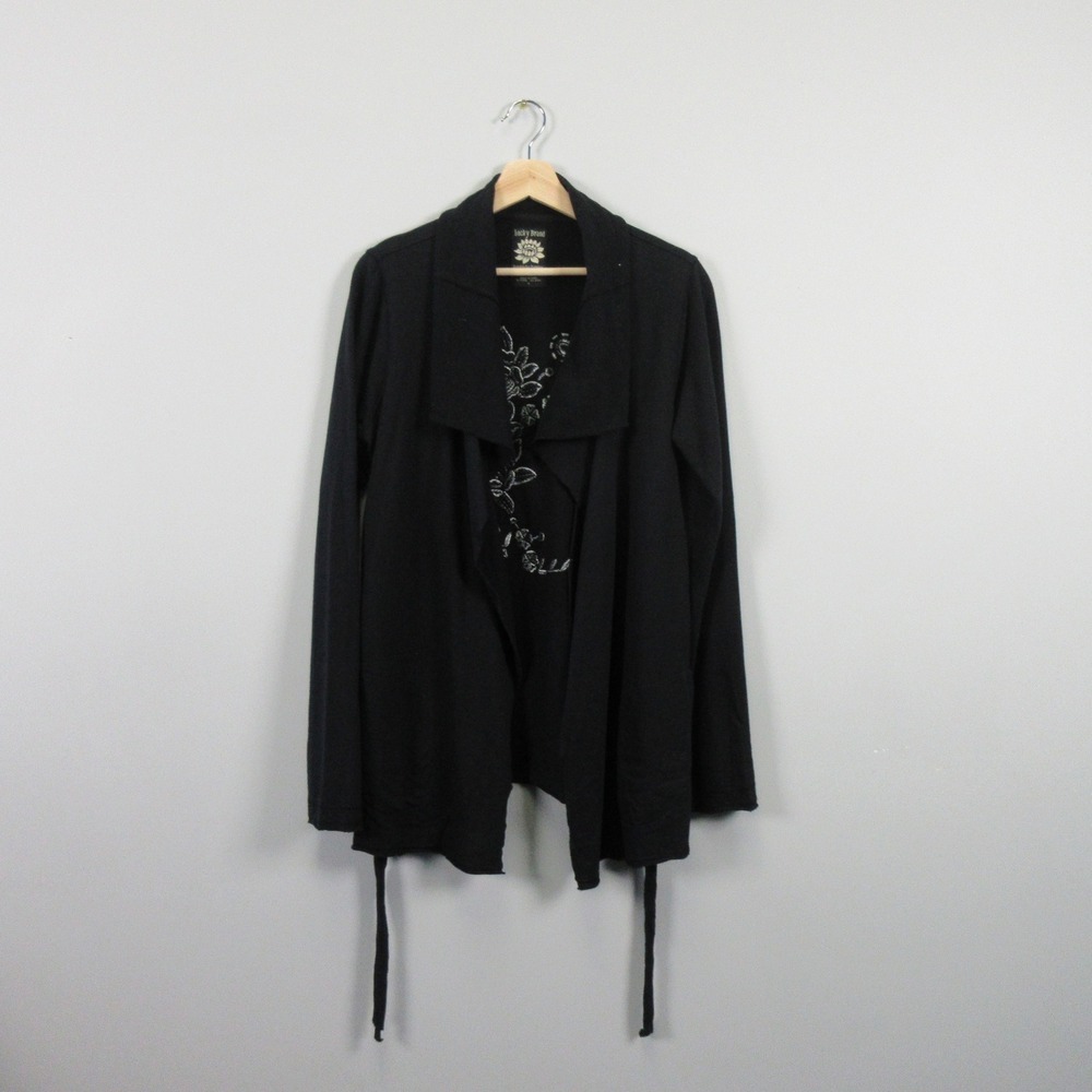 Lucky Brand Black Open Front Cardigan with Embroidered Detail
